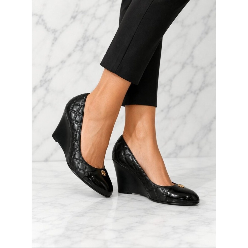 Tory Burch Claremont Black Quilted Leather Patent Cap Toe Wedge Pumps 7.5M